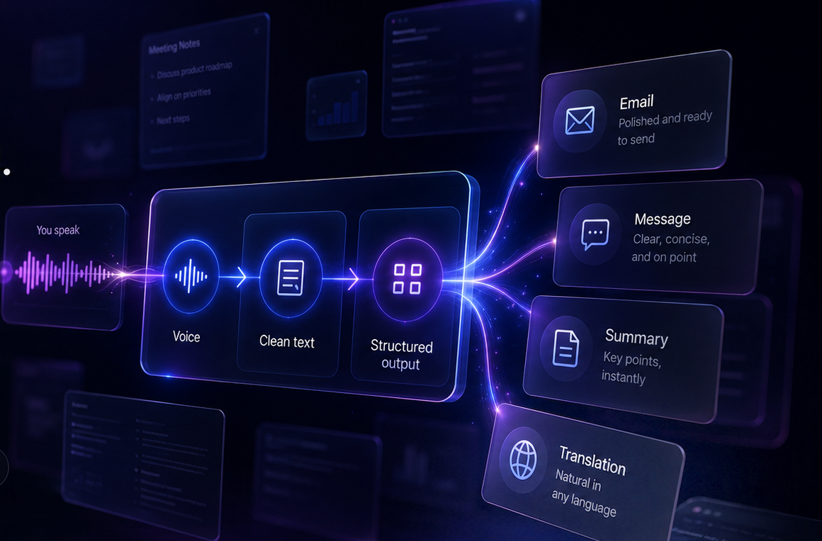 Oravo converts spoken voice into clean text, then structured output — email, messages, summaries, and translations.